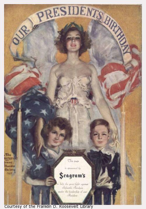 A young women, draped in an American flag, stands behind two childern holding a plaque.