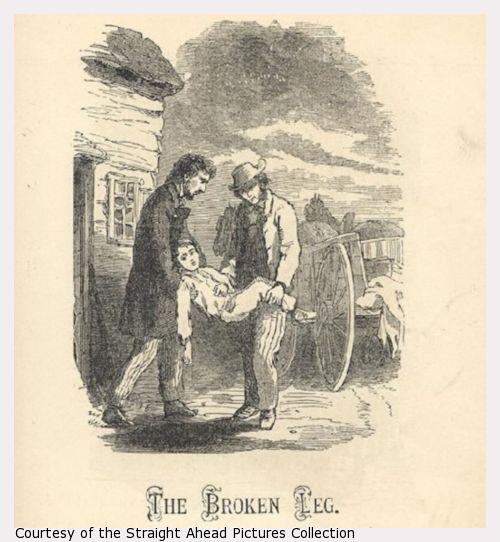 Two men carry a boy from wagon to house.
