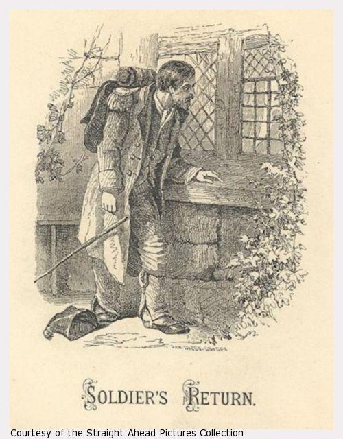 Engraving of a weary looking soldier returning to his home.