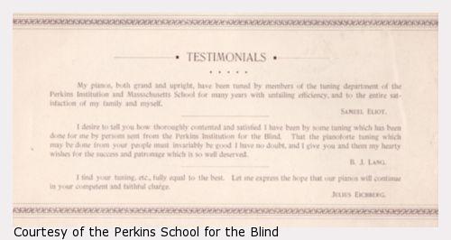Text only, testimonials from customers of Perkins-trained piano tuners.