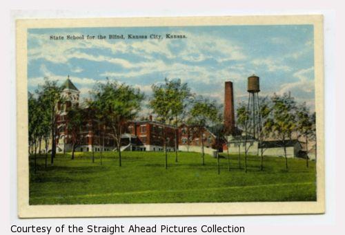 State School For The Blind, Kansas City, Kansas. A sprawling building with smokestack and water tower.
