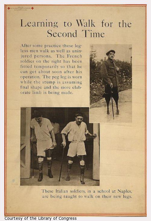 Exhibit poster showing two scenes in which men with double leg amputations are being taught to walk with prostheses.