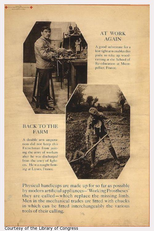 Exhibit poster showing two scenes "At work again" and "Back to the farm" in which men using "working protheses" perform manual labor in a woodworking shop and on a farm.