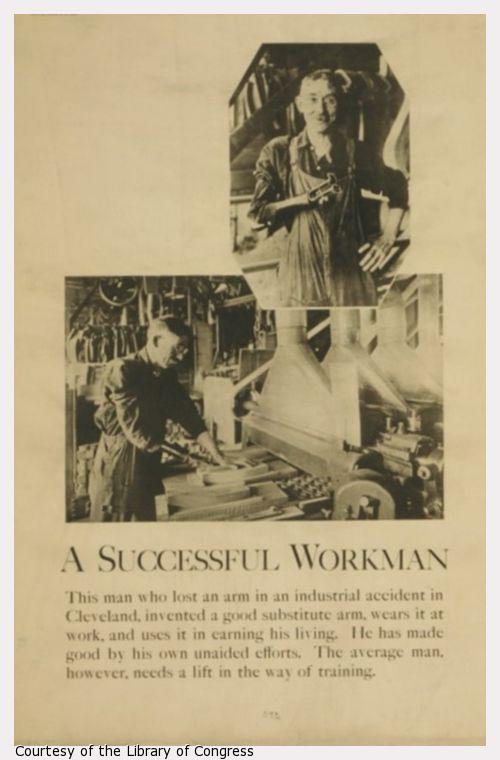 Exhibit poster showing a portrait photograph of a man who lost his arm in an industrial accident, also shows a view of him at a machine in a woodworking shop.