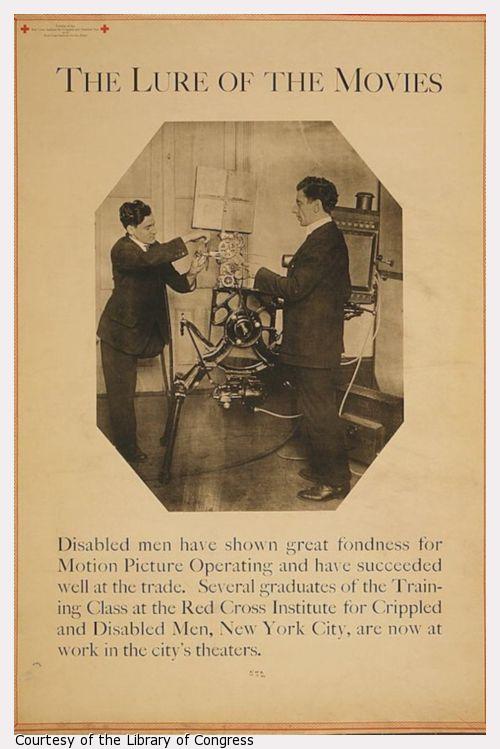 Exhibit poster showing a disabled man with one leg working with film projection equipment.