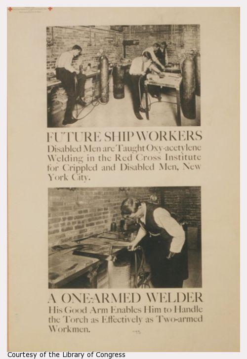 Exhibit poster showing two scenes in which men with partial arm amputations are taught welding.