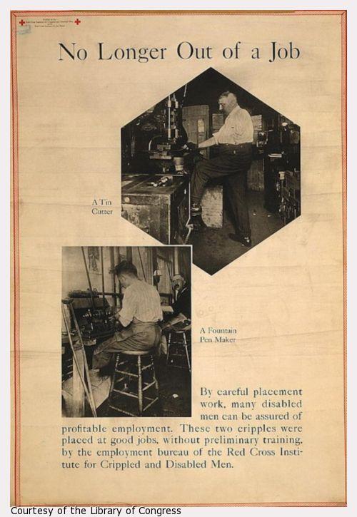 Exhibit poster showing two scenes in which blind men perform mechanical tasks in workshops.