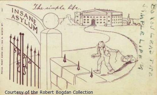 Drawing of a man pulling a wagon away path from a large institutional building.
