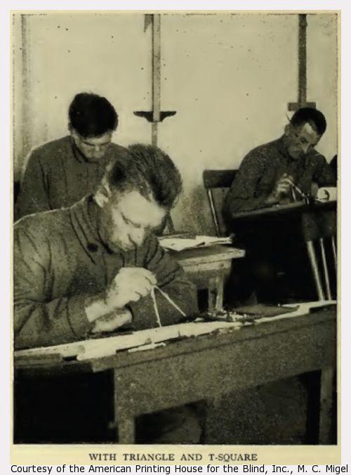 Three men sitting at desks, working with compasses.