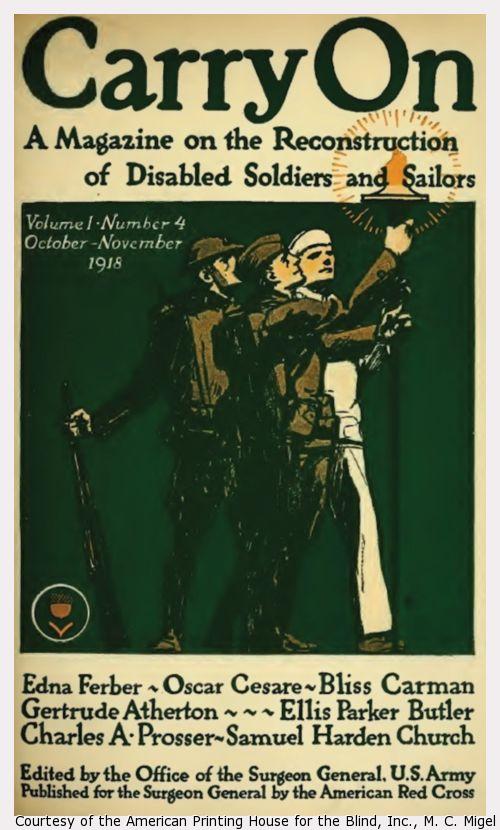 Cover of Carry On. Soldier, sailor, and Marine hold torch.