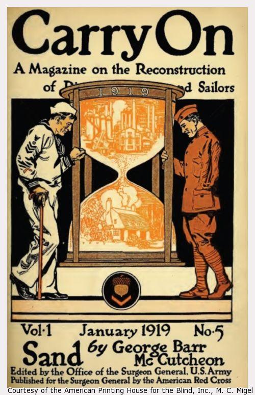 Cover of Carry On.  Sailor with cane and soldier hold large hour glass with factory and home inside.