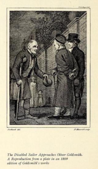 Man with crutch and peg-leg holds hat in front of two gentlemen.