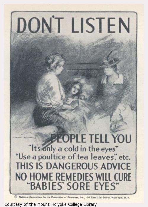 Poster with drawing of a woman and baby in bed with two women sitting next to them.