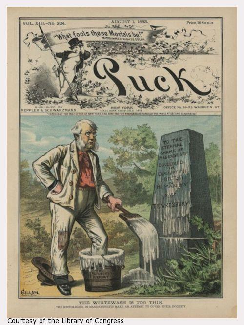 Print shows George F. Hoar standing in front of a monument that states "To the Eternal Shame of Massachus'tts - Conceived in Corruption Erected in Humanity [?] Tewkesbury"; his hat labeled "Republicans" is under one foot, the other foot in a bucket of whitewash labeled "The Republican Report", he is holding a large brush with which he has attempted to cover up the text on the stone. This cartoon refers to disturbing events that took place at the State Almshouse at Tewksbury, Massachusetts, prior to 1883.