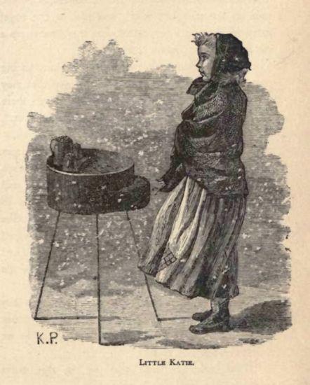 Girl in shawl stands before roasting chestnuts, snow blowing by.