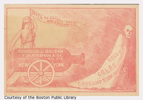 Trade card showing bottle of Adamson's Balsam positioned as cannon aimed at skeleton wearing cloak marked "Coughs Colds Consumption."