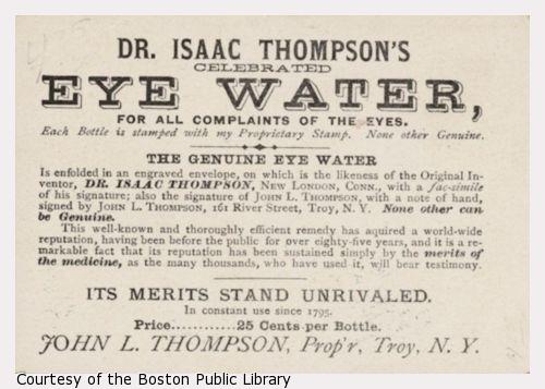 Trade card describing the merits of Dr. Isaas Thompson's Celebrated Eye Water.