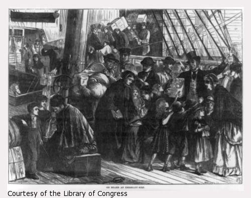 Image of a crowd of immigrants on a sailing ship.