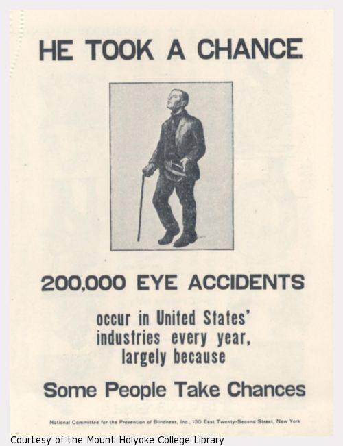 Poster showing blind man with cane, hat in hand.