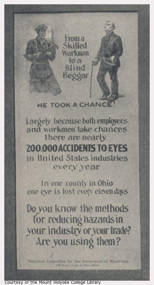 Poster showing sighted worker and blind man.