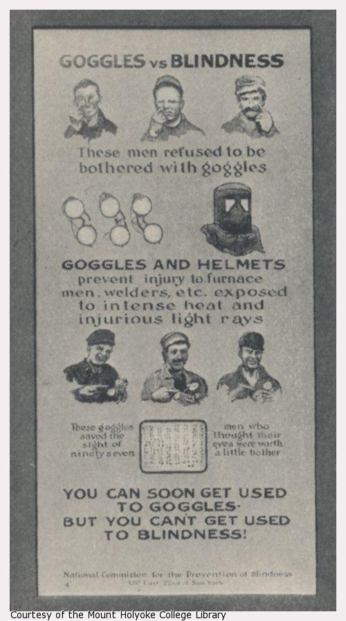 Poster showing men blinded while working without goggles.