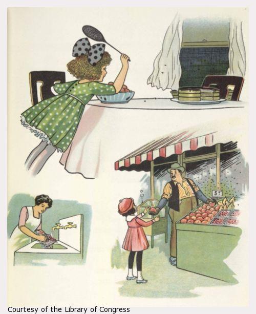 Images of a girl swatting flies around food at a table, a woman washing food at a sink, and flies around food sold by a street vendor.
