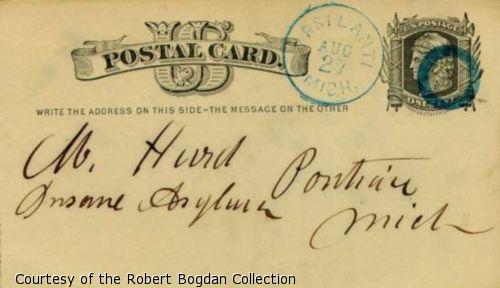 Handwritten postcard address- "M. Hurd, Insane Asylum, Pontiac, Mich"