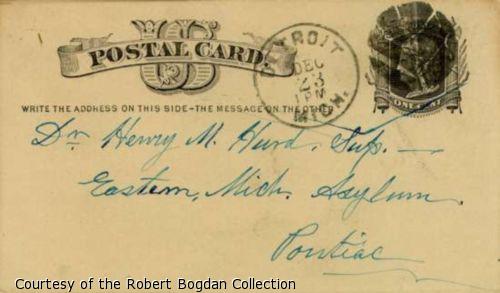 Handwritten postcard address - "Dr. Henry M. Hurd, Sup., Eastern Mich. Asylum, Pontiac"