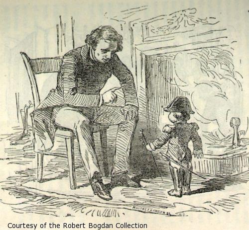 An illustration depicting an adult male lecturing Gen. Tom Thumb who is in uniform.