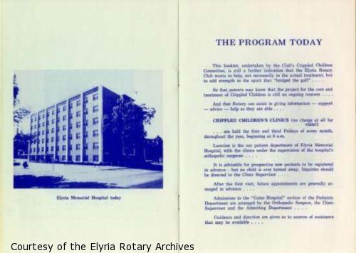 Page 8: Photo of "Elyria Memorial Hospital Today". Page 9: Description of "The Program Today" (Elyria Memorial Hospital's current (1973) program for Crippled Children.