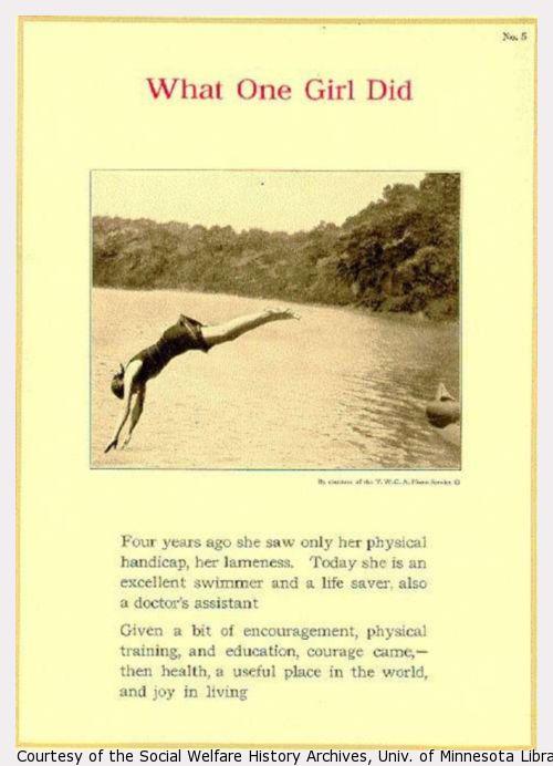 Girl diving off dock; message about overcoming disability.