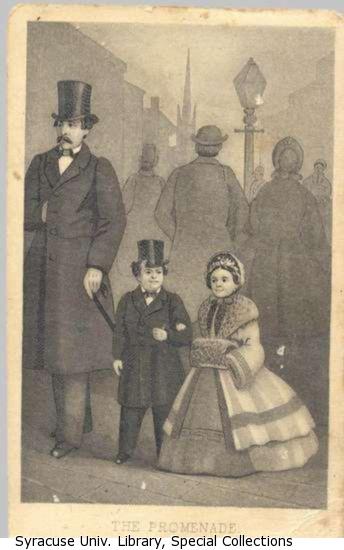 Mr. and Mrs. Tom Thumb stroll down a busy city street arm in arm, dressed in formal wear.
