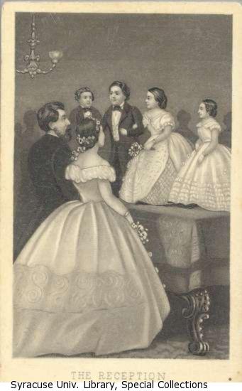 Mr. and Mrs. Tom Thumb and their wedding party stand on top of a piano and entertain guests.
