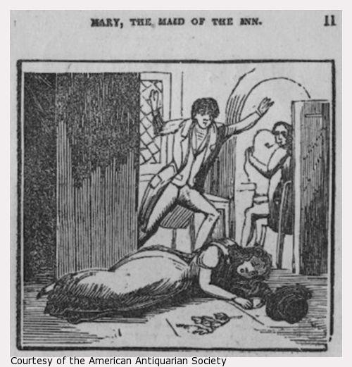 A man enters the inn. Mary is prostrate on the floor next to the hat.