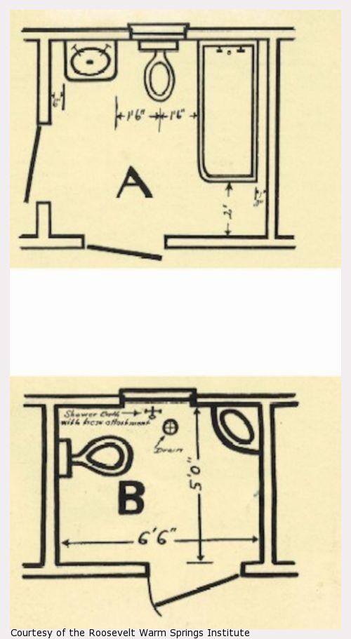 Drawings of two designs for accessible bathrooms.